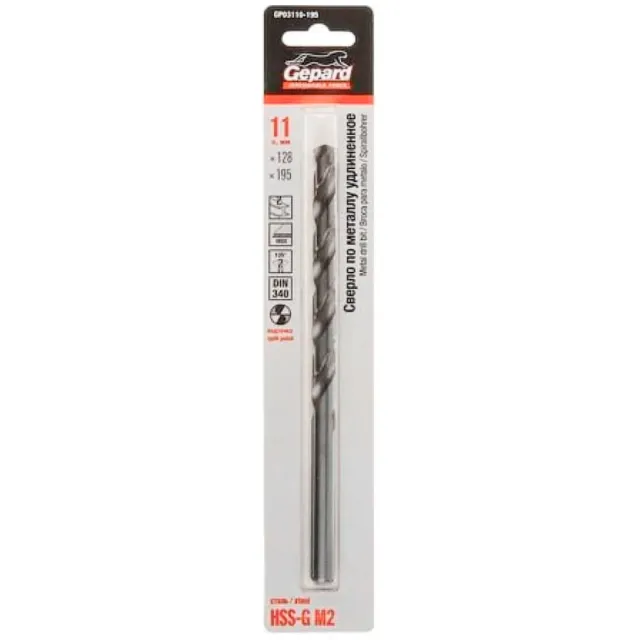 Сверло по металлу Gepard GP03110-195 HSS-G удлиненное 11.0*128*195 мм