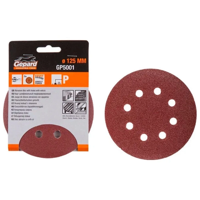 Шлифлист Gepard GP5001-40 125 мм круг Р40 для дерева 8 отверстий 5 шт Шлифлист Gepard GP5001-40 125 мм круг Р40 для дерева 8 отверстий 5 шт