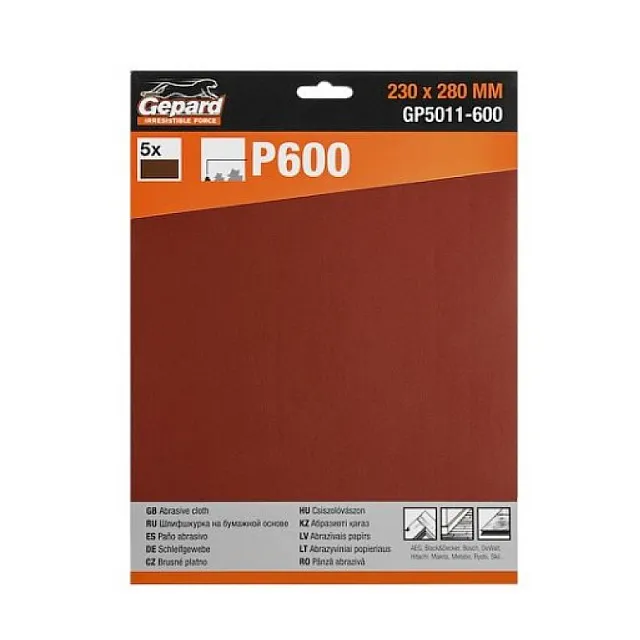 Шлифлист Gepard GP5011-600 230*280 мм Р600 бумажная основа 5 шт