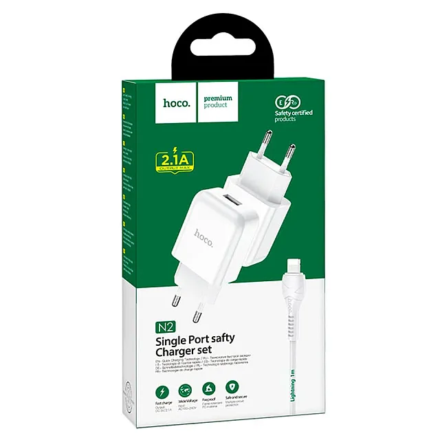 Сетевое зарядное устройство Hoco N2 USB с кабелем Lightning белый