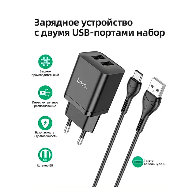 Сетевое зарядное устройство Hoco N25 двойной порт Type-C черный
