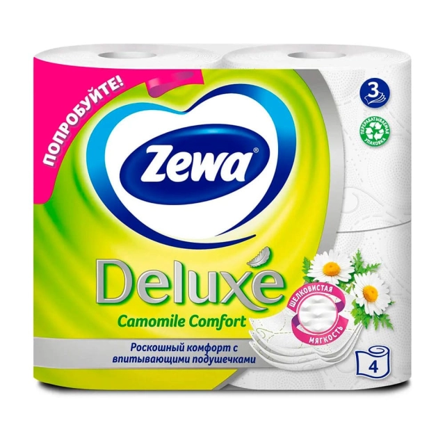 Бумага туалетная Zewa Deluxe Camomile Comfort ароматизарованная ромашка 4 рулона Бумага туалетная Zewa Deluxe Camomile Comfort ароматизарованная ромашка 4 рулона
