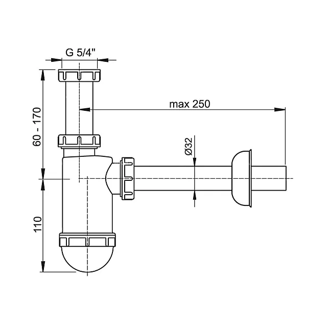 Сифон для умывальника AlcaPlast A430-BL-01 O32 c накидной гайкой 5/4