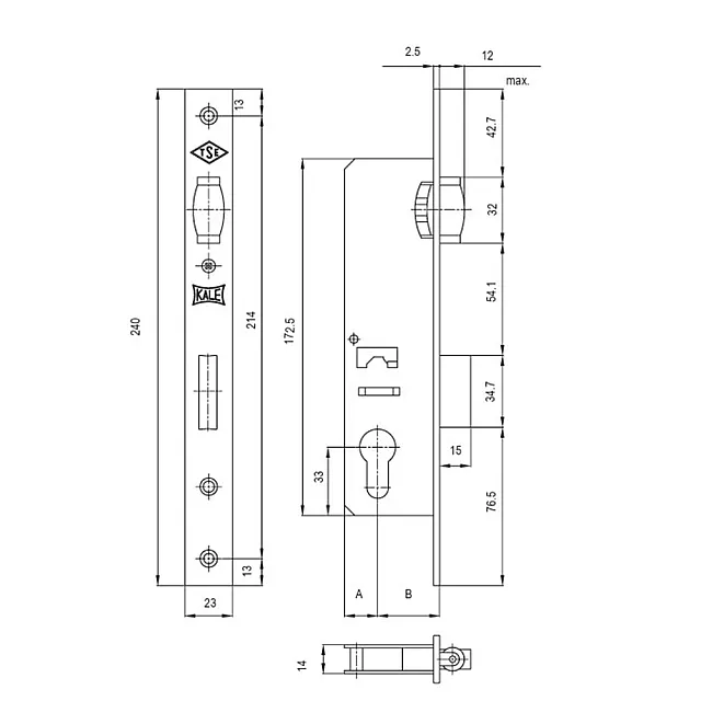 Замок врезной Kale Kilit 155 B:35мм 00003196 никель