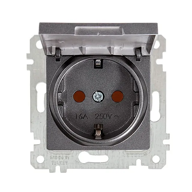 Розетка Mutlusan Rita 2Р+Е с крышкой защитные шторки дымчатый