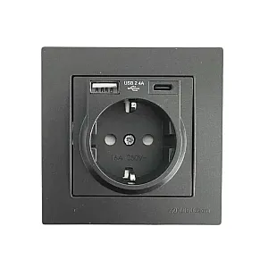 Розетка Mutlusan Rita 2220-629-0284 2P+E USB Type A USB Type C 2.4 А черная матовая