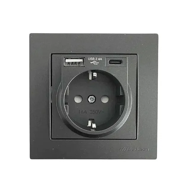 Розетка Mutlusan Rita 2220-629-0284 2P+E USB Type A USB Type C 2.4 А черная матовая