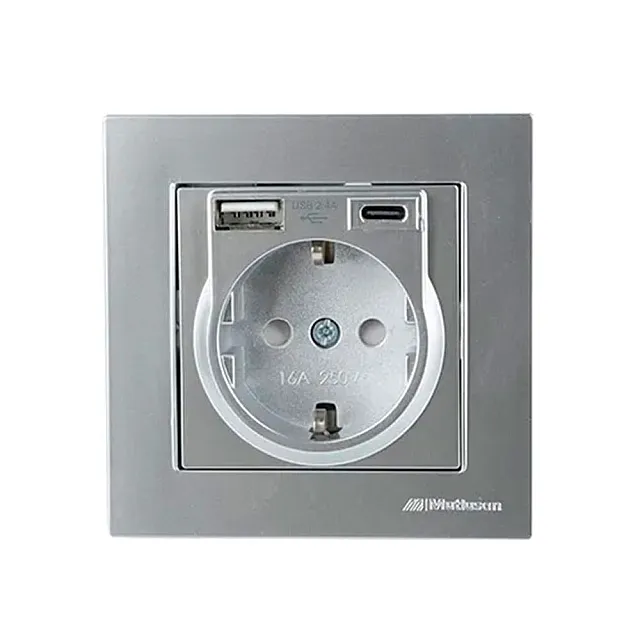 Розетка Mutlusan Rita 2220-629-0282 2P+E USB Type A USB Type C 2.4А нержавеющая сталь