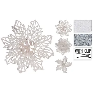 Набор новогодних украшений Koopman Цветы на клипсах белый/серебро 4 шт