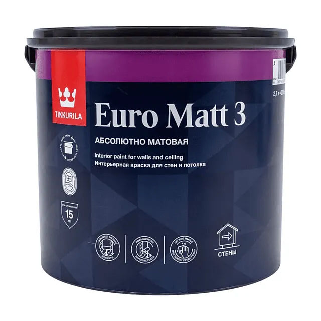 Краска Tikkurila Euro Matt 3 База A для стен и потолков глубокоматовая 2.7 л